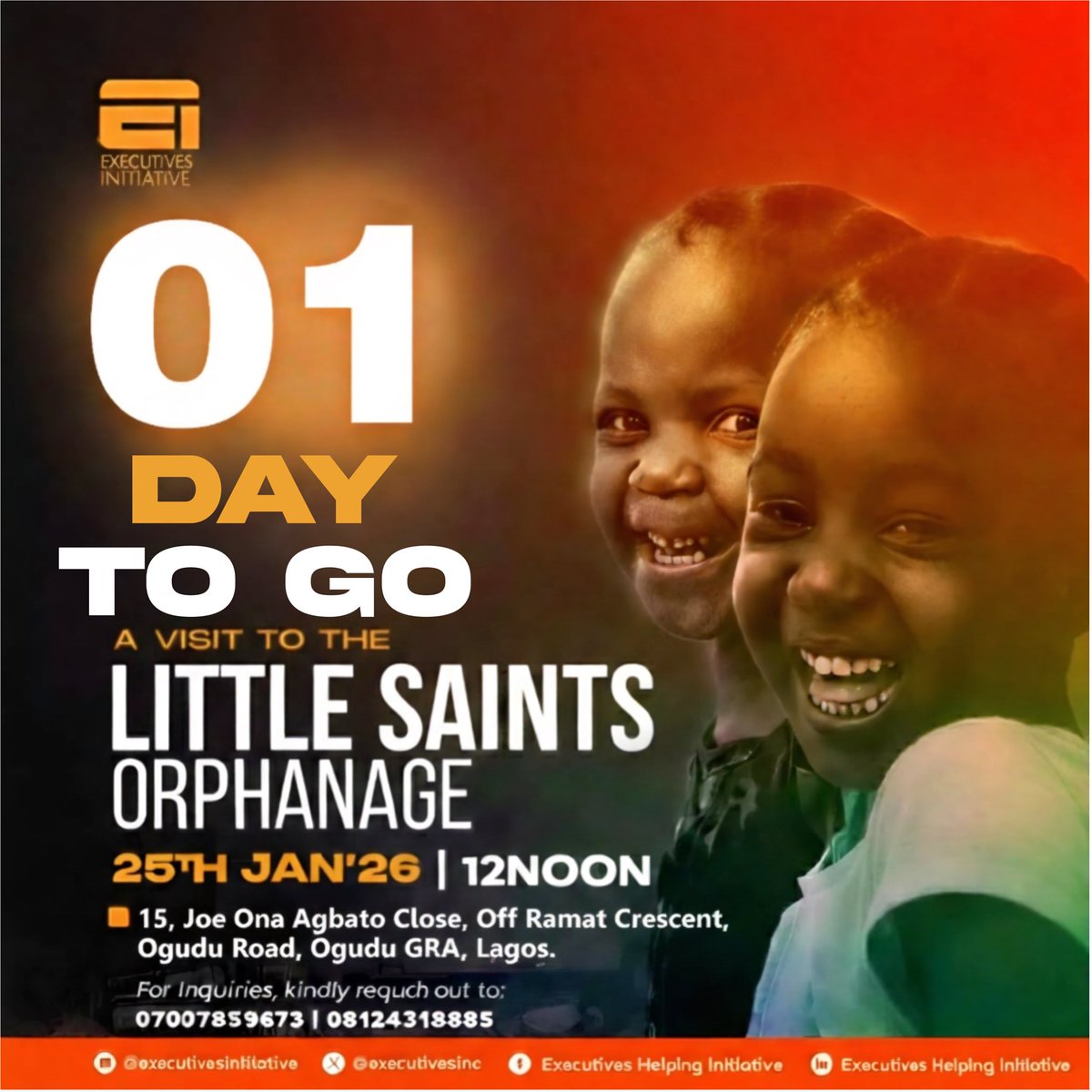 🚨 1 DAY TO GO 🚨

Small giving. Big difference. Real smiles.
Let’s show these children that they are seen, loved, and supported. 🧡

Donate now 👇
Account Number: 0470292139
Bank: GTBank
Account Name: EHI Monthly Celebration

For inquiries: 07087759673 | 08124318885