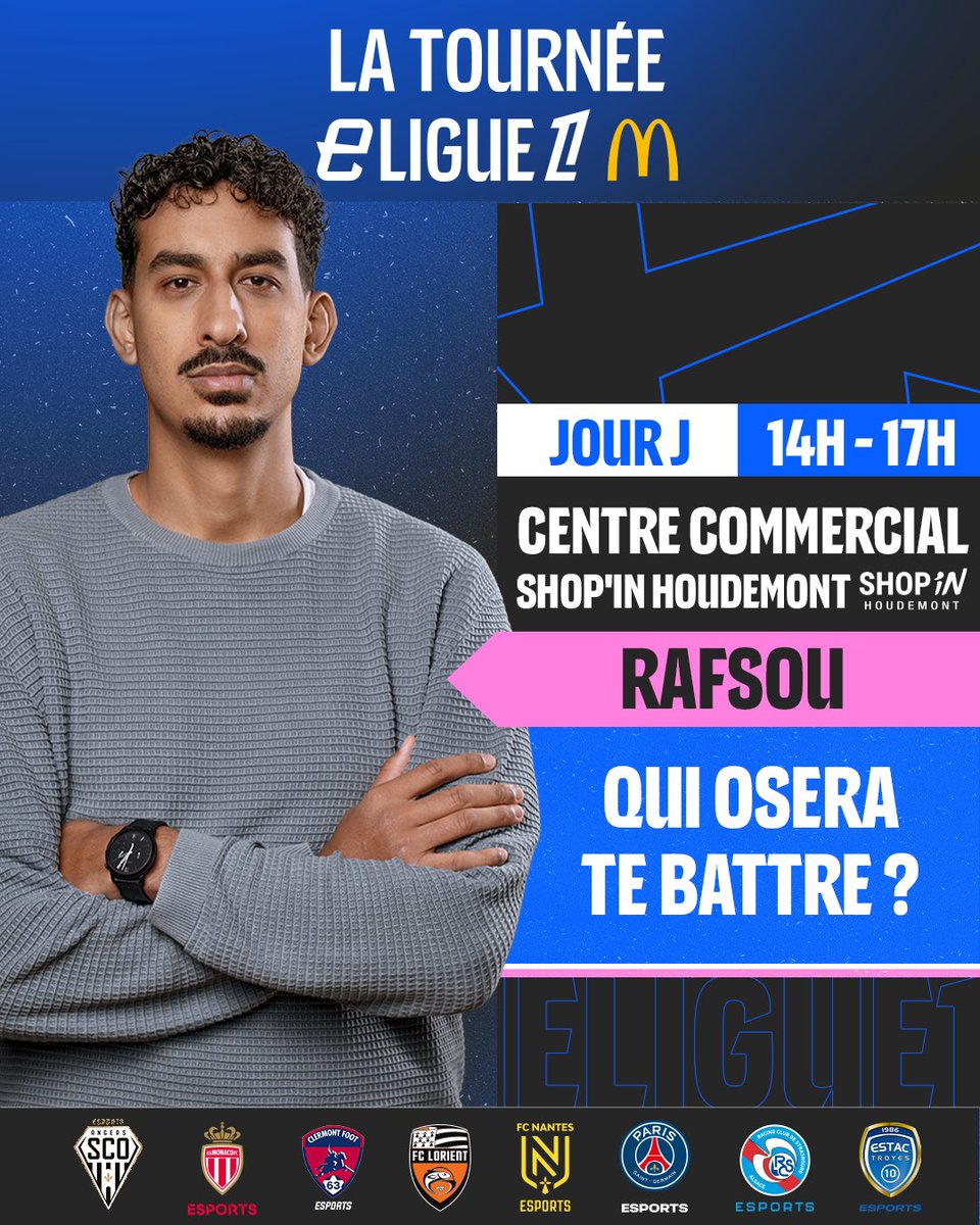 _eLigue1's tweet photo. 🔥 C’est aujourd’hui !
Après une première journée exceptionnelle hier, nous poursuivons aujourd'hui notre Tournée au Centre Shop'in Houdemont 🎮
 🏆 Tournois toutes les 2h
🎁 Cadeaux & expériences exclusives à gagner

⭐ @Rafsou présent à partir de 14h affrontera le vainqueur
 Qui repartira champion ?