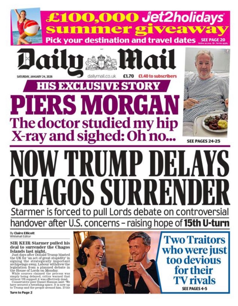 's tweet image. While other papers focus on Trump’s insult to British troops, the Telegraph &amp;amp; Mail are gleeful that he’s created more problems for our government. Not because they support the Chagossians, but because they prefer a narcissistic foreign despot to an elected Labour government.
