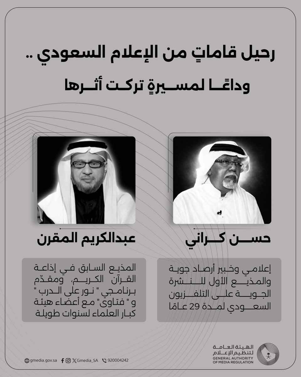 تنعى الهيئة العامة لـ #تنظيم_الإعلام الإعلاميَّين الراحلين
حسن كراني وعبدالكريم المقرن رحمهما الله، تقديرًا لما قدّماه من جهودٍ مخلصة ومسيرةٍ مهنية تركت أثرًا بارزًا في المشهد الإعلامي السعودي.