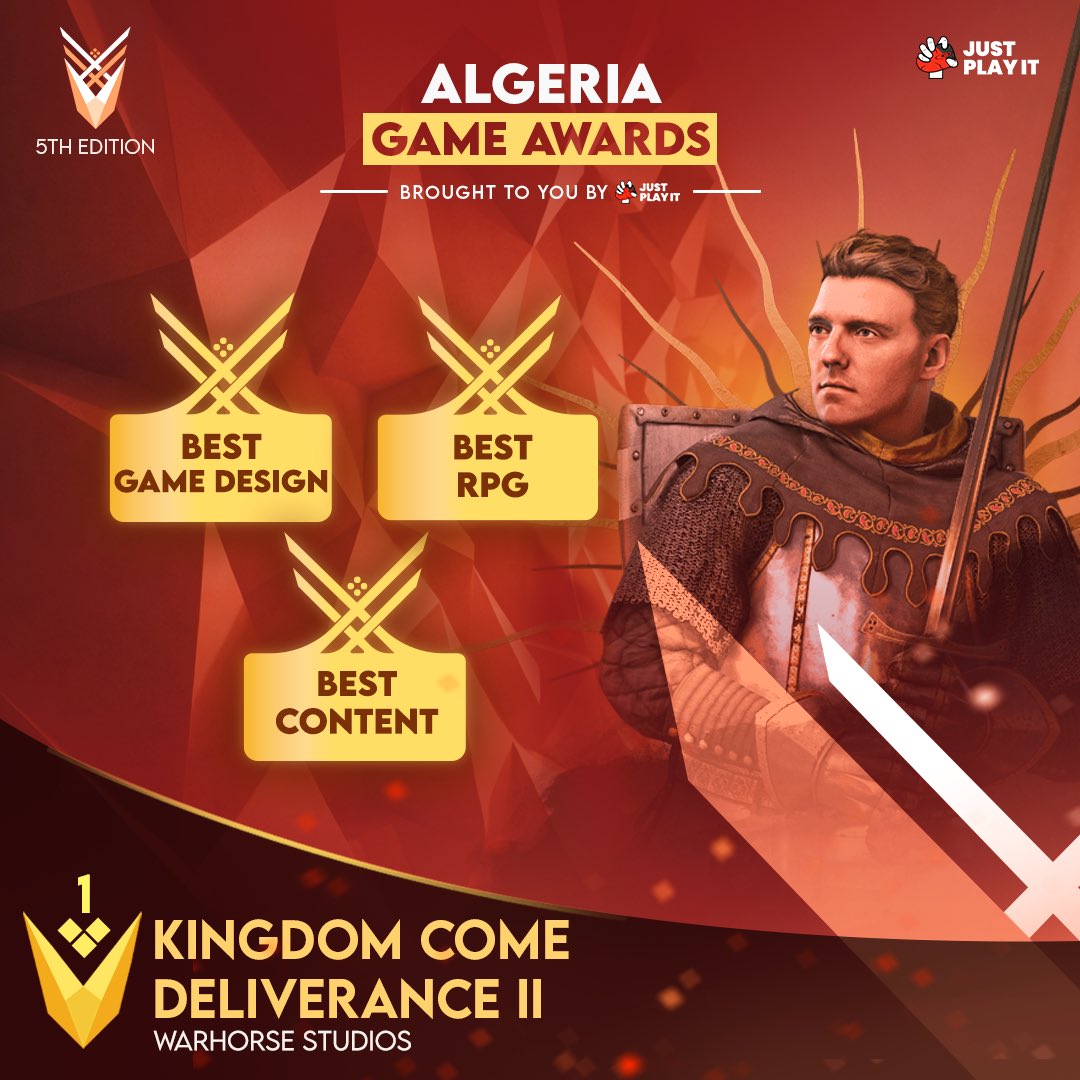 JustPlayIt_'s tweet image. 🚨 لعبة Kingdom Come Deliverance II تحقق ثلاثة جوائز كاملة في Algeria Game Awards 2025 هنيئا 🔥

Congratulations @WarhorseStudios &amp;amp; @deepsilver