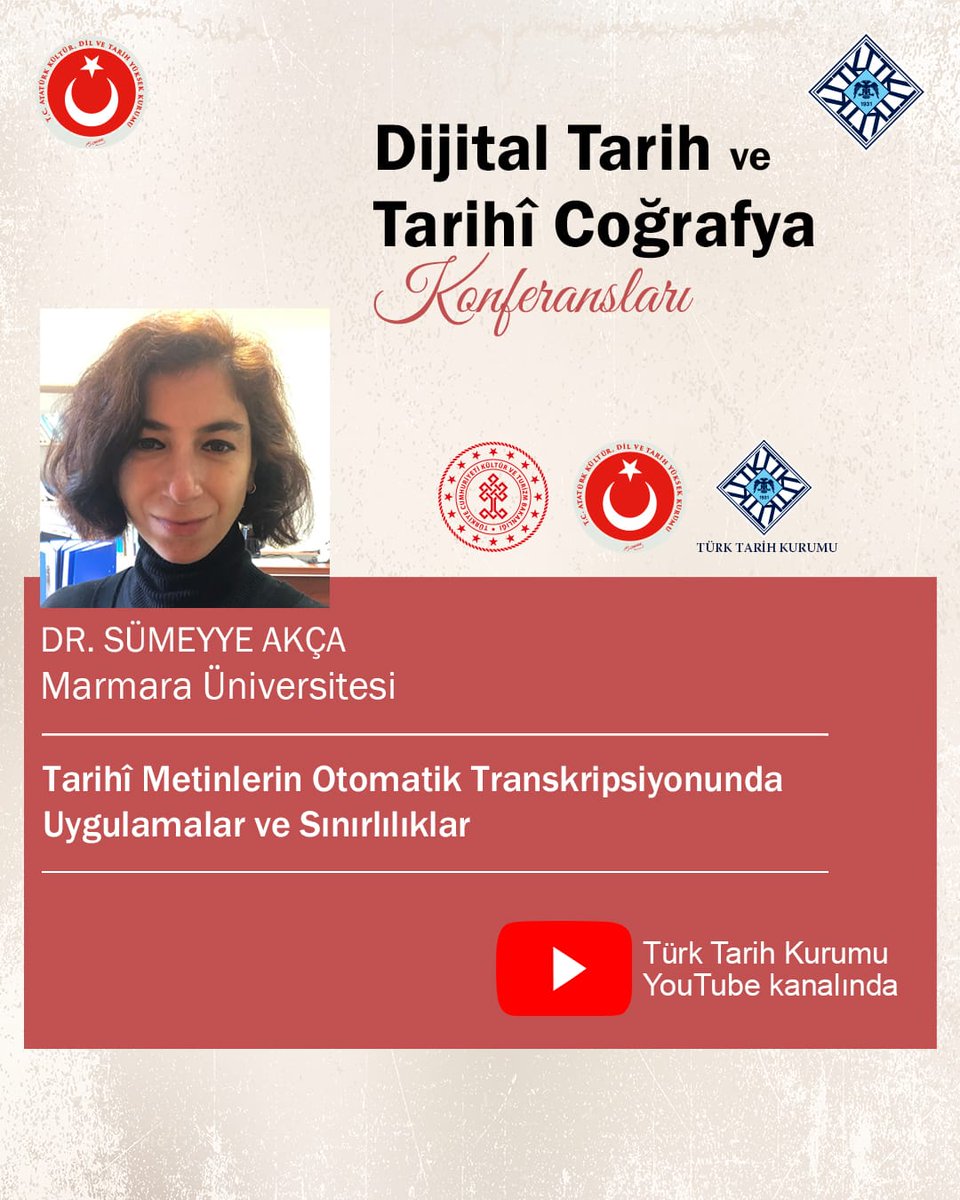 Dijital Tarih ve Tarihî Coğrafya Konferanslarımıza konuk olan Dr. Sümeyye Akça'nın “Tarihî Metinlerin Otomatik Transkripsiyonlarında Uygulamalar ve Sınırlılıklar” başlıklı konferans kaydını Youtube kanalımızda izleyebilirsiniz: youtu.be/ProiTZiD1TY?si…

#DijitalTarih