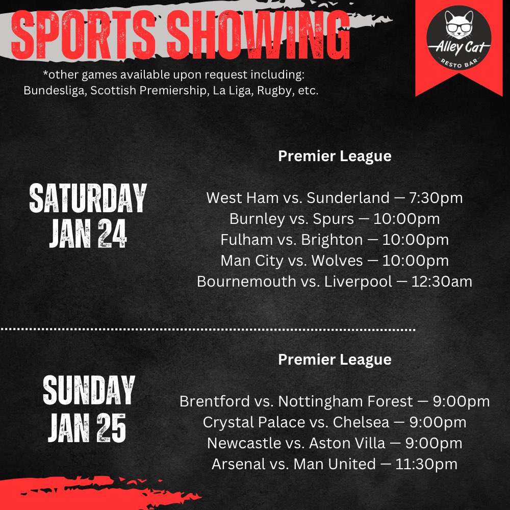 Arsenal? Man U? Chelsea? 

Whichever Premier League team is your favorite, you can cheer them on at Alley Cat this weekend! ⚽️ 

🕒 15:00 - late 
📍 Soi Rambuttri