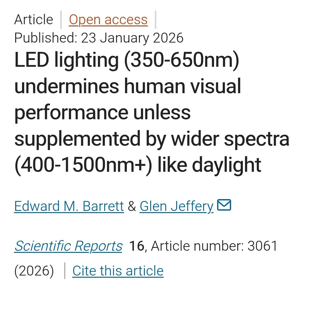 gemagoldie's tweet image. Nuevo estudio publicado: "La iluminación LED (350-650 nm) perjudica el rendimiento visual humano a menos que se complemente con espectros más amplios (400-1500 nm+) como la luz del día."

Este estudio analiza si la iluminación LED típica de interiores (principalmente de 350 a 650…