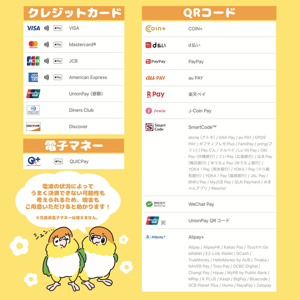 ︎🌟お支払い方法のご案内︎🌟】 #ことり万博 でのNEGUSEブースは 🟠現金 🟡クレジットカード ⚪電子マネー 🟢QRコード  でお支払いいただけます🙌✨ あとは画像の中のおちるたんが 言ってることをよく読んでね🐥💭