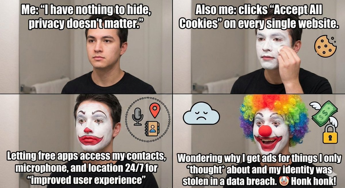 ZaganaCutie's tweet photo. Clicks “Accept All Cookies” without a second thought. Wonders why ads are reading my mind.
It’s not about having something to hide—it’s about having something to protect.
#PrivacyMeme #DataSecurity @DataHaven_xyz
Digital privacy matters because your personal data is valuable https://t.co/UrFnypAS6W