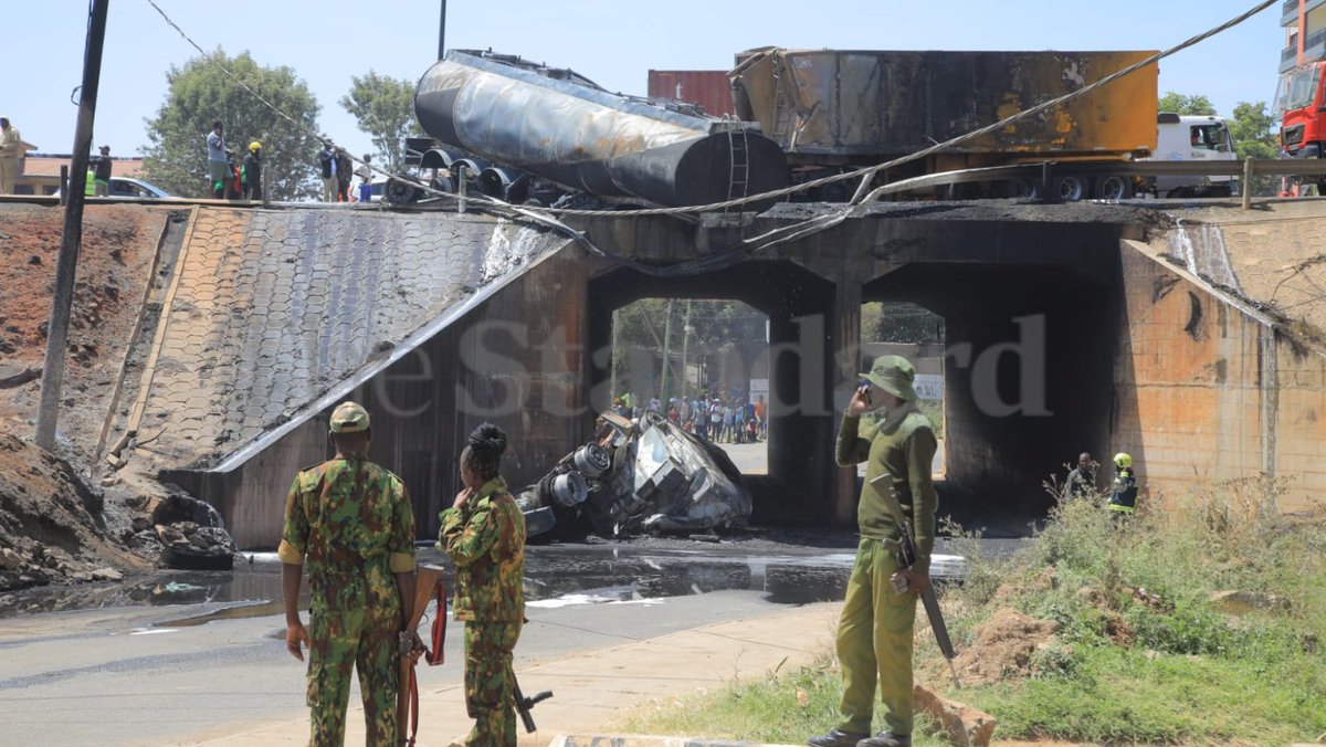 StandardKenya's tweet photo. Red Cross and police officers are at the scene of an accident involving a loaded petrol tanker that collided with another lorry along Nairobi’s Southern Bypass near the Swaminarayan Tunnel Bridge on January 24, 2026. It is reported that one of the truck drivers has died. Firefighters are also on the scene..

Photos by Elvis Ogina,