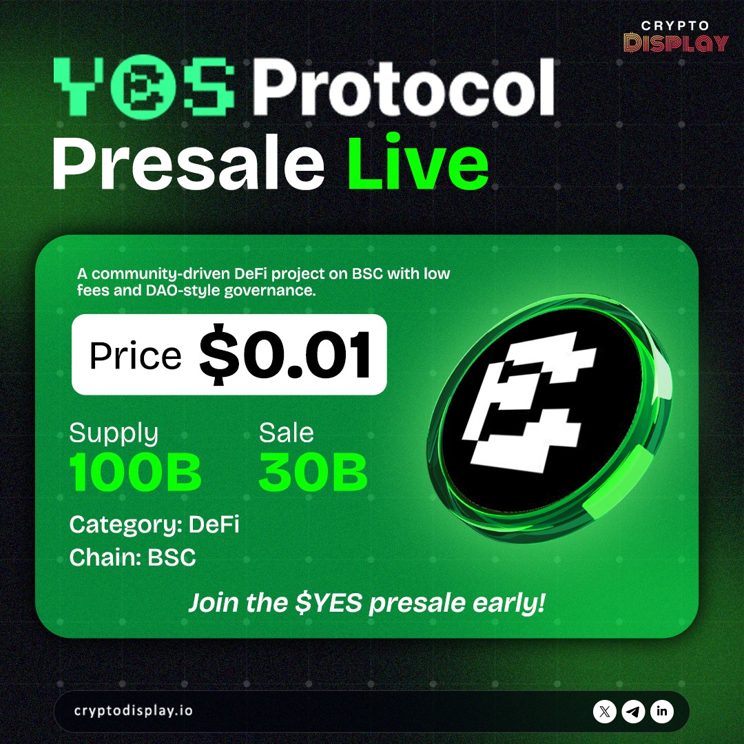 YES Protocol Presale is LIVE Price: $0.01 Supply: 100B Sale: 30B Chain: BSC  | Category: DeFi A community-driven DeFi project with low fees & DAO-style  governance. 👉 https://t.co/sFDy4t0HRK #YESProtocol #Presale #DeFi #BSC #