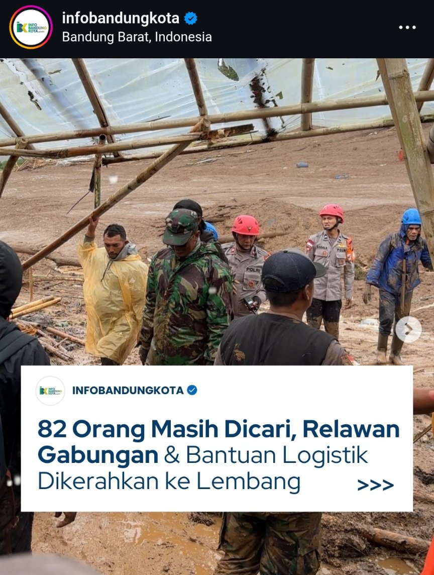 BaseBDG's tweet photo. Wargi update euy 82 orang dalam pencarian

“Hingga Sabtu siang (24/1/2026), tercatat 82 orang masih dinyatakan hilang dan dalam proses pencarian akibat longsor besar yang menerjang Kampung Pasirkuning, Desa Pasirlangu, Cisarua - Lembang.” infobandungkota https://t.co/jqyPFRn1kP