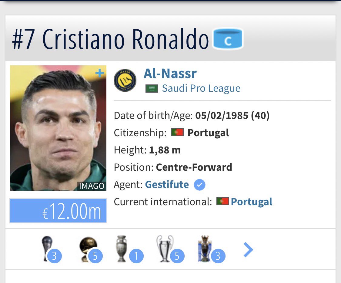▪️الاسم : كرستيانو رونالدو 
▪️العمر : 40 سنة
▪️القيمة السوقية: 12 مليون يورو فقط

▪️العقد الاول مع النصر : سنتين و نصف.
▪️قيمة العقد : ٥٠٠ مليون يورو ( ٢ مليار ريال)

▪️العقد الثاني مع النصر: سنتين
▪️قيمة العقد: ٤٠٠ مليون يورو( 1.6 مليار ريال)

اكبر هدر و اكبر زرفه في التاريخ و