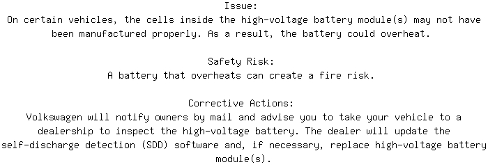 CanadianRecalls's tweet image. Safety Recall for 2023 VOLKSWAGEN ID.4 High Voltage. Approx. 8526 units affected.
