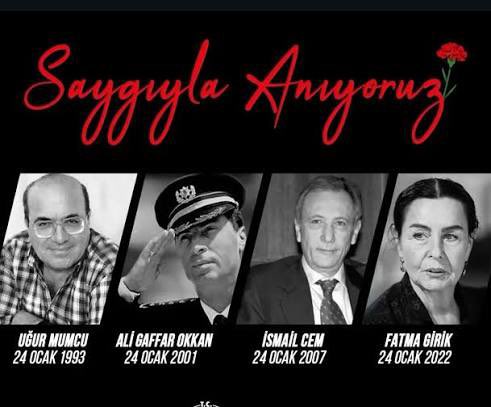 "Bir ulus,ne kadar okuma,yazma, öğrenme, araştırma eğiliminde ise,o kadar sağlam, o kadar hoşgörülü ve demokrat yapıda olur." 
Hainlerin karanlığa mahkum etmeye çalıştıkları ülkemin, aydınlık yüzleri..
Ruhunuz şad olsun. 🖤🥀
#UğurMumcu 
#AliGaffarOkkan 
#İsmailCem 
#FatmaGirik