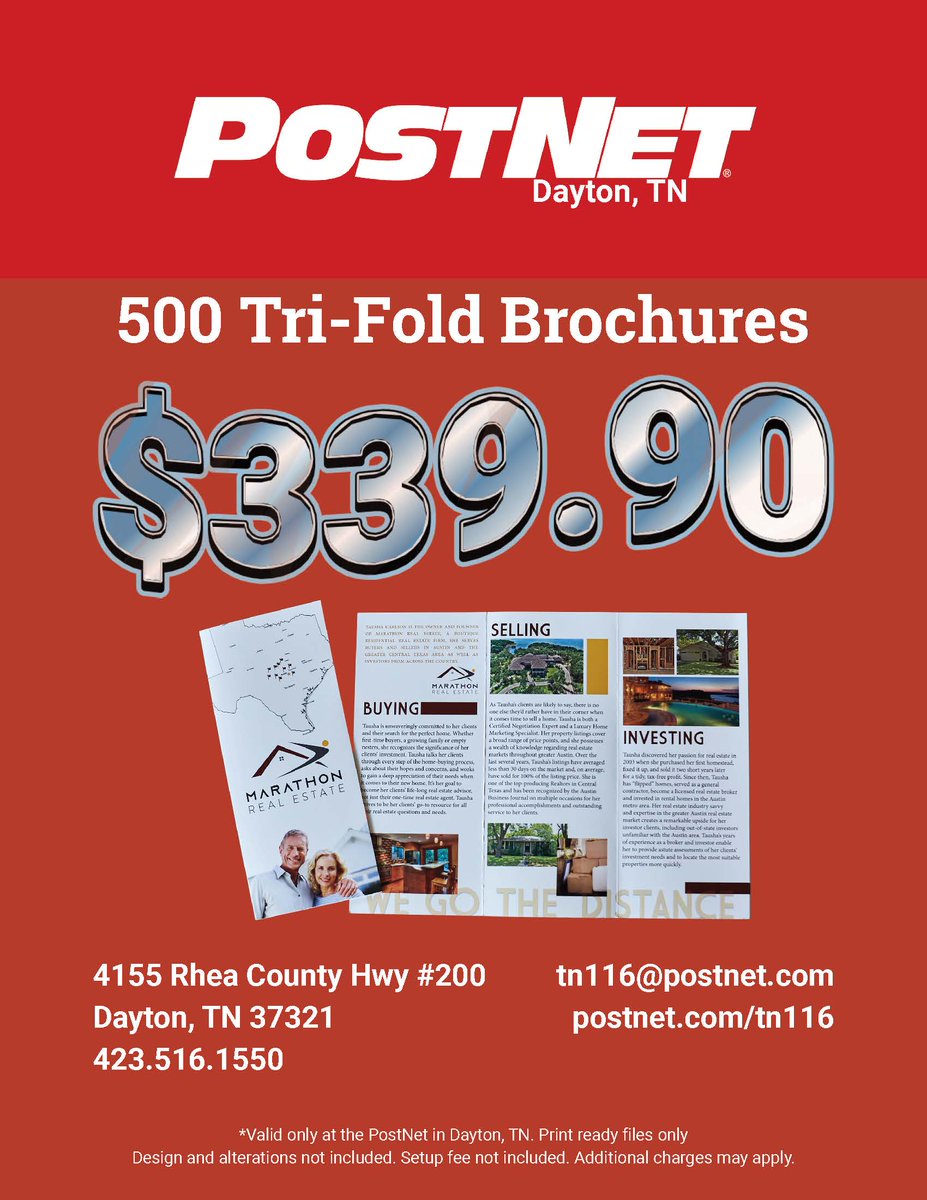 PostNetTN116's tweet image. Stand out with custom brochures!

500 tri-fold brochures for $339.90 – locally printed with fast turnaround. Showcase your business in style with professional designs! Visit 339.90 or stop by this Saturday to view samples. 📄✨

#CustomPrinting #LocalBusiness #MarketingTools
