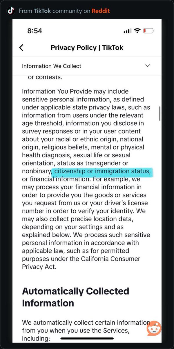 TheMaineWonk's tweet image. Trump’s Oligarchs now control TikTok. 

Look what they’ve done to the Terms of Service:

Info They Are Collecting &amp;amp; Sharing: 
-Citizenship/immigration status 
-Religious beliefs 
-Mental &amp;amp; physical health diagnosis  
- Race 
-if you’re trans/non-binary
-sexual preferences &amp;amp;…