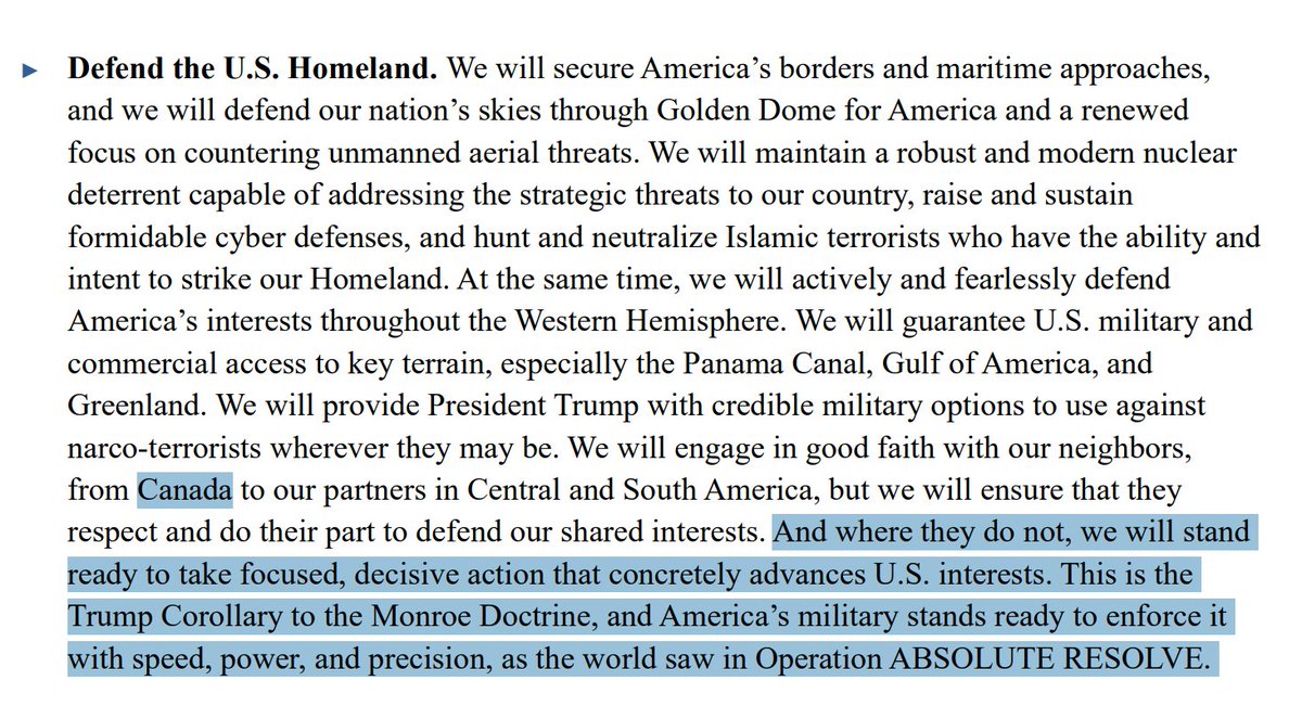Tablesalt13's tweet image. 🚨BREAKING

The 2026 US National Defense Strategy, released late Friday night

specifically mentions Canada

and seems to suggest that if Canada doesnt do it part for National Defense they could be subject to actions, up to the Maduro treatment

Read it for yourself: