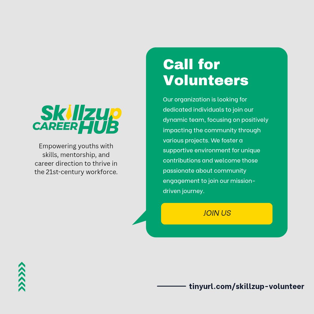 skillzhubhq's tweet image. We’re calling for volunteers who want to do meaningful work and create real community impact.
If you’re passionate about youth development and collaboration, Skillz-Up Career Hub is for you.
Join us 👉 tinyurl.com/skillzup-volun…