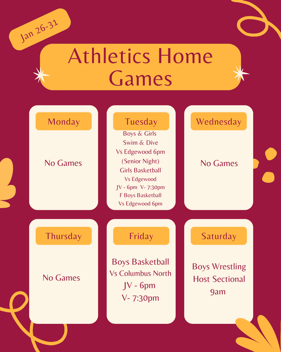 (If mother nature allows) Every in season team has a chance for you to support this week. Tuesday, both swim and dives and girls basketball will be celebrating their seniors!