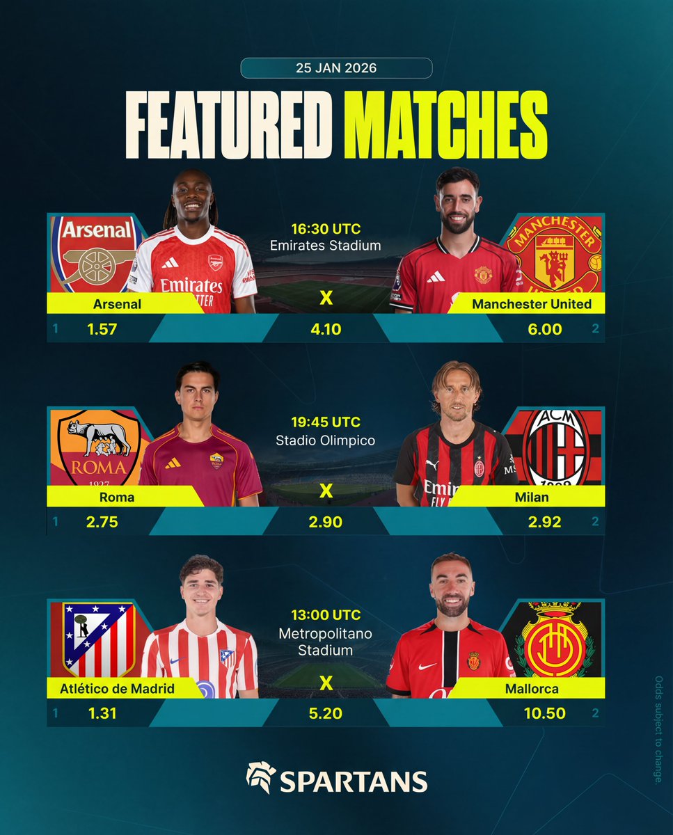 European football lives on Spartans🔥

The action is on with top matchups:

Arsenal vs Manchester United
Roma vs Milan
Atlético de Madrid vs Mallorca

Great odds and non-stop excitement all day long.
👉 Place your bets now with Spartans.com

#Spartans #Matchday