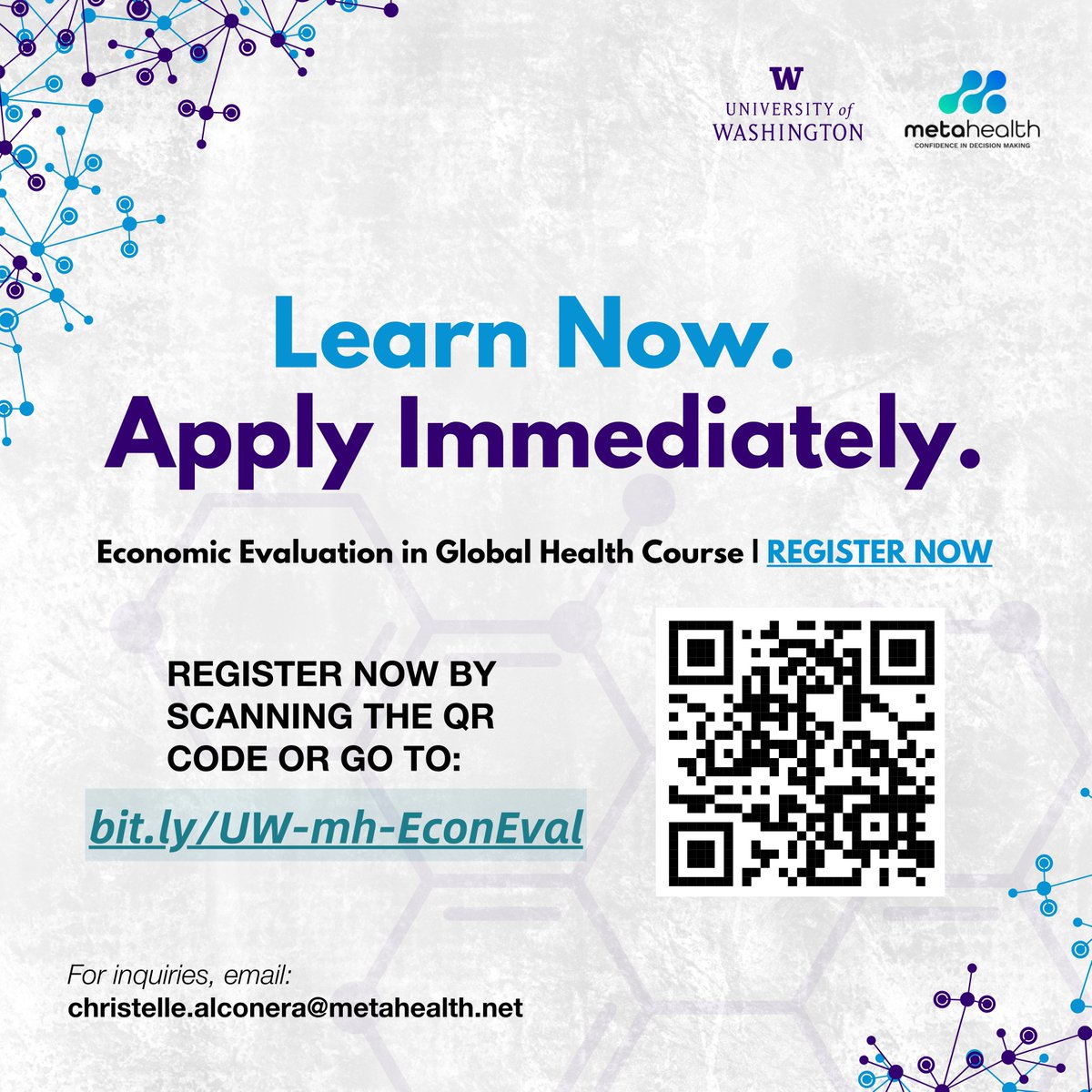 metaHealthPH's tweet photo. Why now?

Global health decisions are happening—are they backed by strong economic evidence? This course gives you the tools to influence better decisions, starting today.

👉 Learn more via our pinned post
✉️ christelle.alconera@metahealth.net https://t.co/ct8BQQqvLf