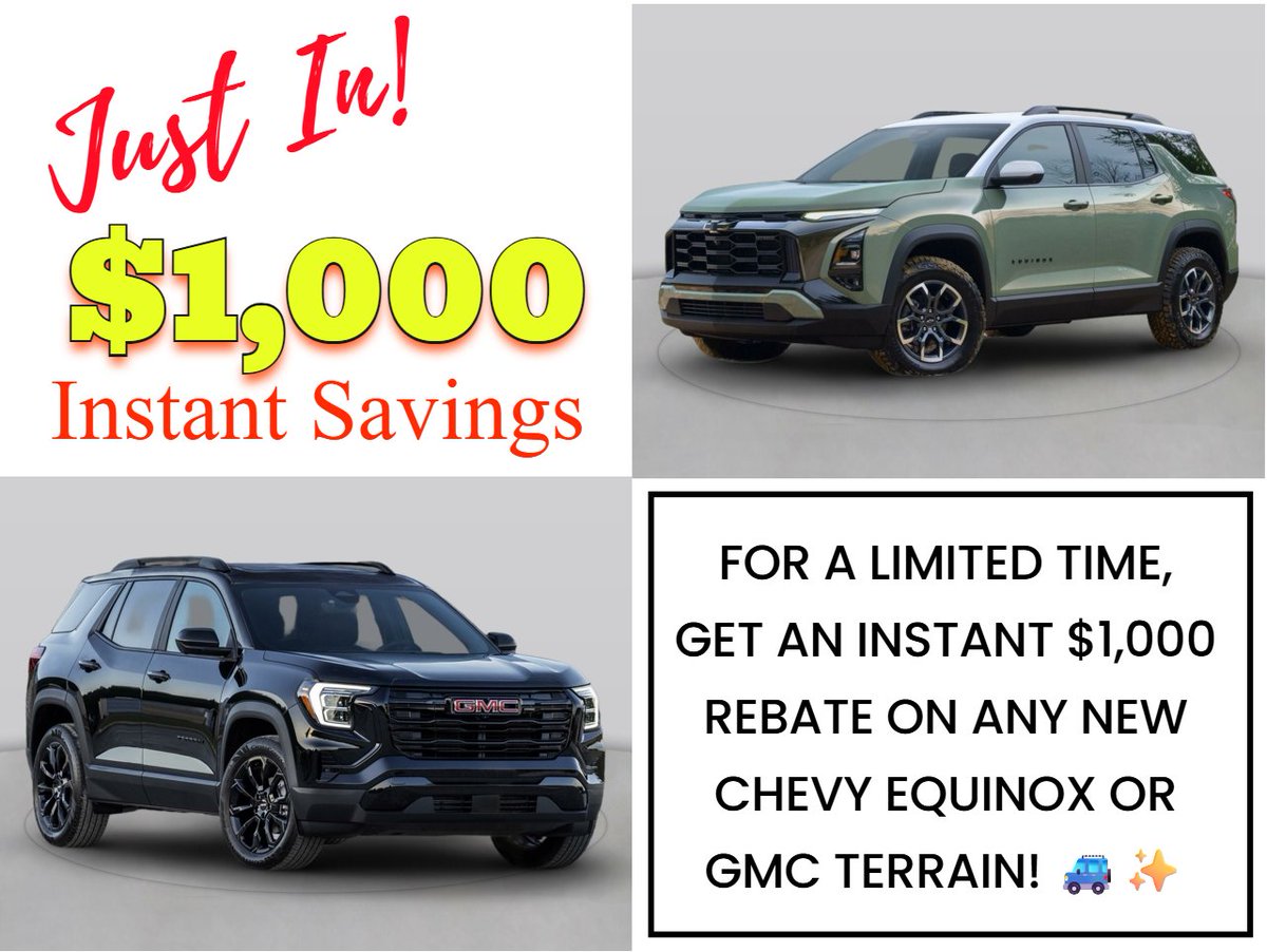 von_ChevyGMC's tweet photo. Just in! For a limited time, receive an instant rebate of $1,000 on any new Chevy Equinox or GMC Terrain. 🚗✨

👉Offer ends Feb 2, 2026

☎️ 715-682-8141
📍 1606 US-2, Ashland, WI 54806 https://t.co/BtnwTlQJH2