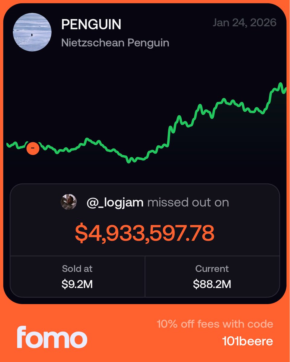 ถือเป็นไม้ trade มีมระดับตำนานอีกอันของ meme season นี้ (เทรดบนแอป fomo อีกแล้ว)

MC: 40K -> 88M 
ก็คือ 2,000x หรือ +200,000% ใน 7 วัน!

แต่คุณ <a href="/_logjam/">logjam</a> ขายหมู พลาดไป ~$5M หรือ 150 ล้านบาท จากเงินต้น 3 แสนบาท 😅

ในกลุ่มหัวแถวของพวกเรา มีจารย์ Sawad DeeKub คอล $PENGUIN ตอน $1.6M