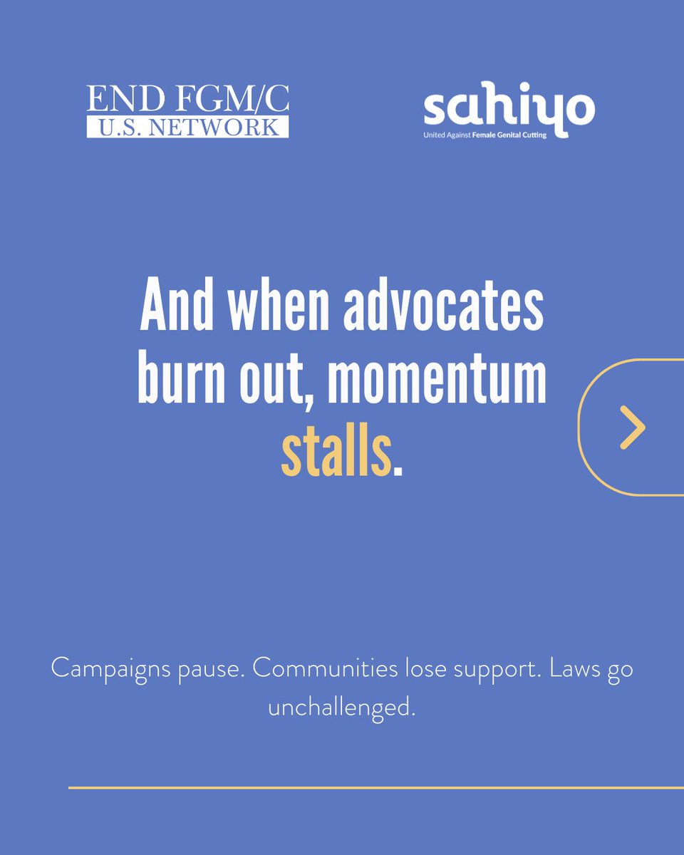 USEndFGMNetwork's tweet photo. Ending #FGM/C takes time. Survivors are doing the long-haul work — unpaid and unsupported — and they’re burning out. The Policy Advocate Care Fund helps them with financial, technical, and emotional support. @sahiyovoices
Donate: https://t.co/4hHnScX9Ra
#PolicyWithCare #EndFGC https://t.co/lJrJWBzspA