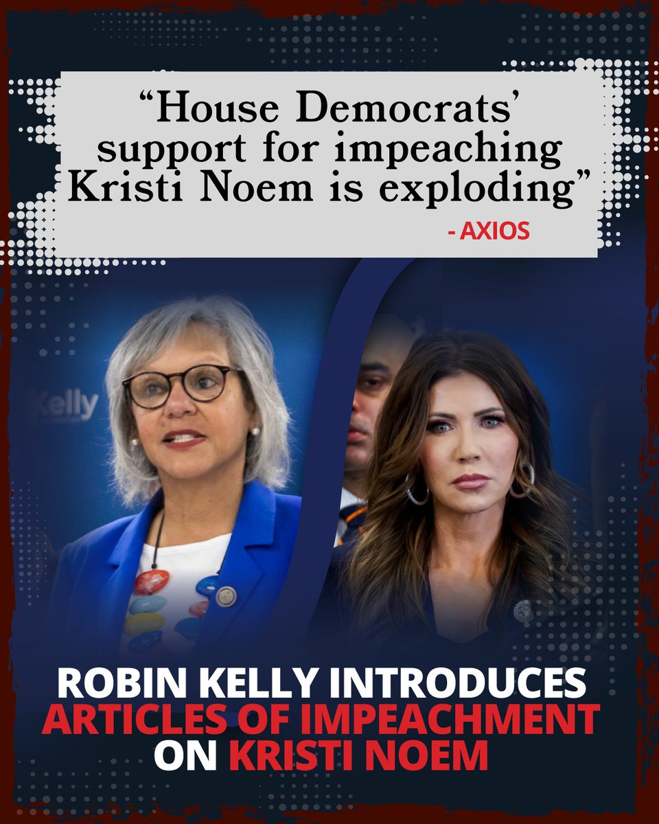 SecondDems's tweet photo. Support among House Democrats for impeaching HHS Kristi Noem is skyrocketing, nearly doubling in the last week to 100+ co-sponsors after Robin Kelly introduced articles of impeachment. This is the same leadership Robin will bring to the US Senate.
https://t.co/cnKuuXXJn3 https://t.co/qCuAQerSqh