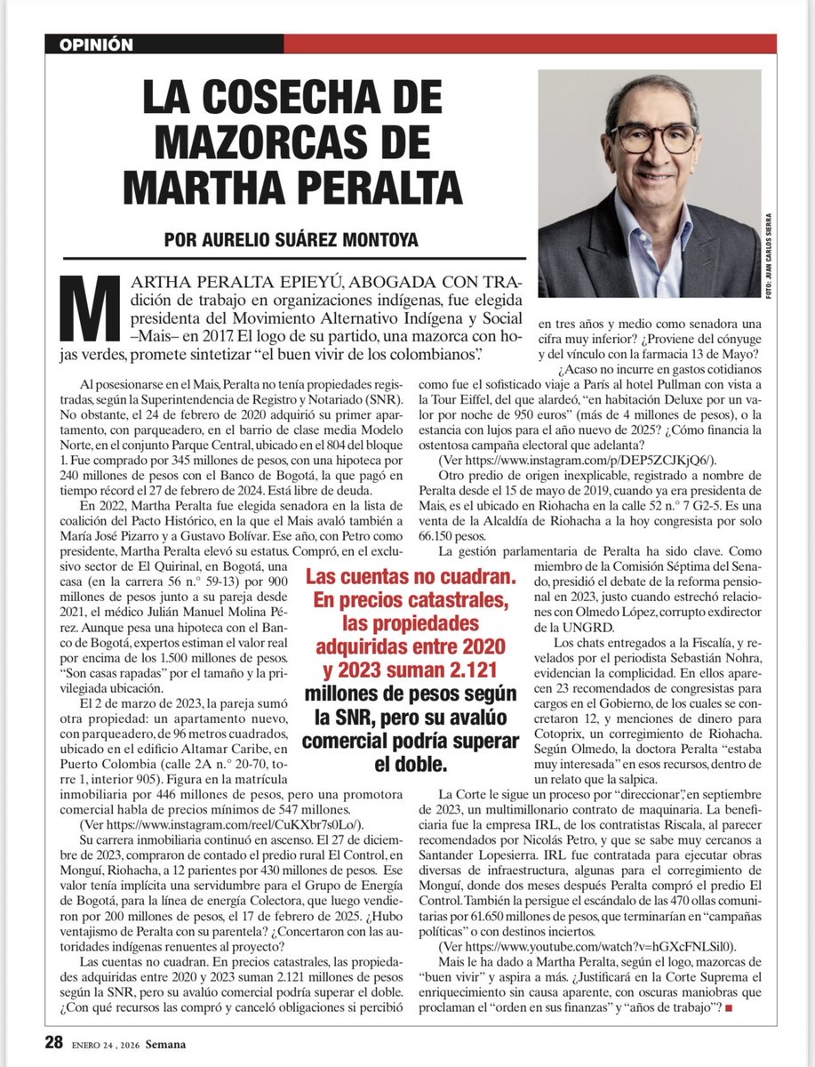 🌽 La cosecha de mazorcas de Martha Peralta

Enriquecimiento sin causa aparente, propiedades adquiridas a costos mayores de lo percibido como senadora, relación con el corrupto Olmedo López-UNGRD y varios escándalos -El “buen vivir” de Mais

semana.com/opinion/articu…