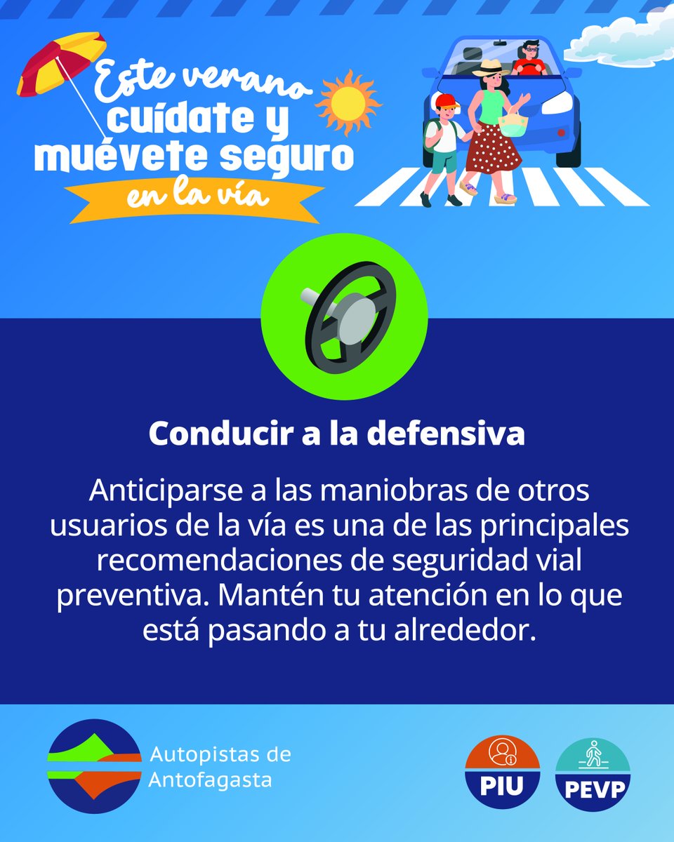 👀 Observar el entorno, ↔️ mantener distancia y prever maniobras o movimientos imprevisto de los peatones 🏃‍♂️, son prácticas que debes cultivar para una movilidad más segura.

Este verano ☀️ cuídate y muévete seguro en la vía 🛣️.

#AutopistasdeAntofagasta #TodosSomosPeatones #PEVP