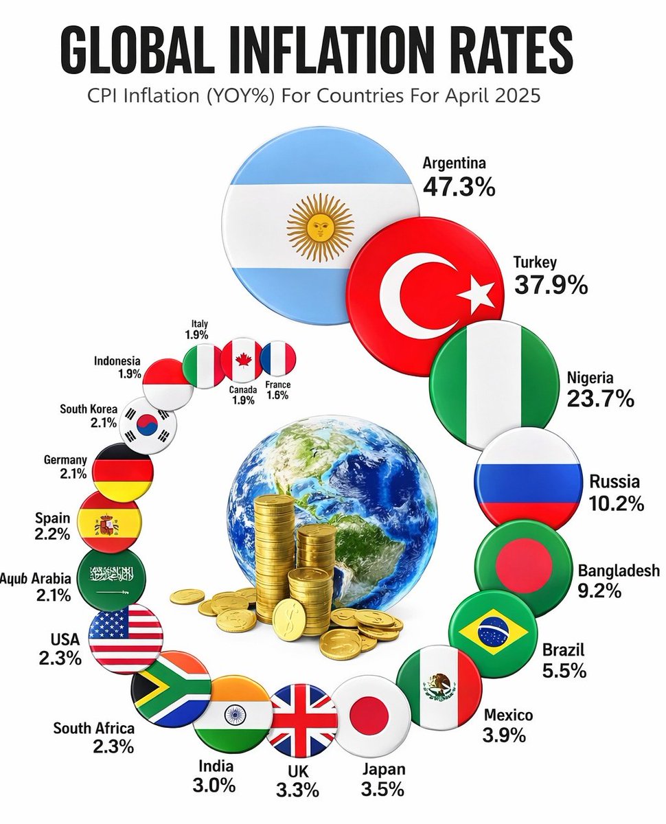 📈 Countries with CPI Inflation Rates (YoY %) 📉 1. Argentina 🇦🇷 - 47.3%  2. Turkey 🇹🇷 - 37.9% 3. Nigeria 🇳🇬 - 23.7% 4. Russia 🇷🇺 - 10.2% 5.  Bangladesh 🇧🇩 -