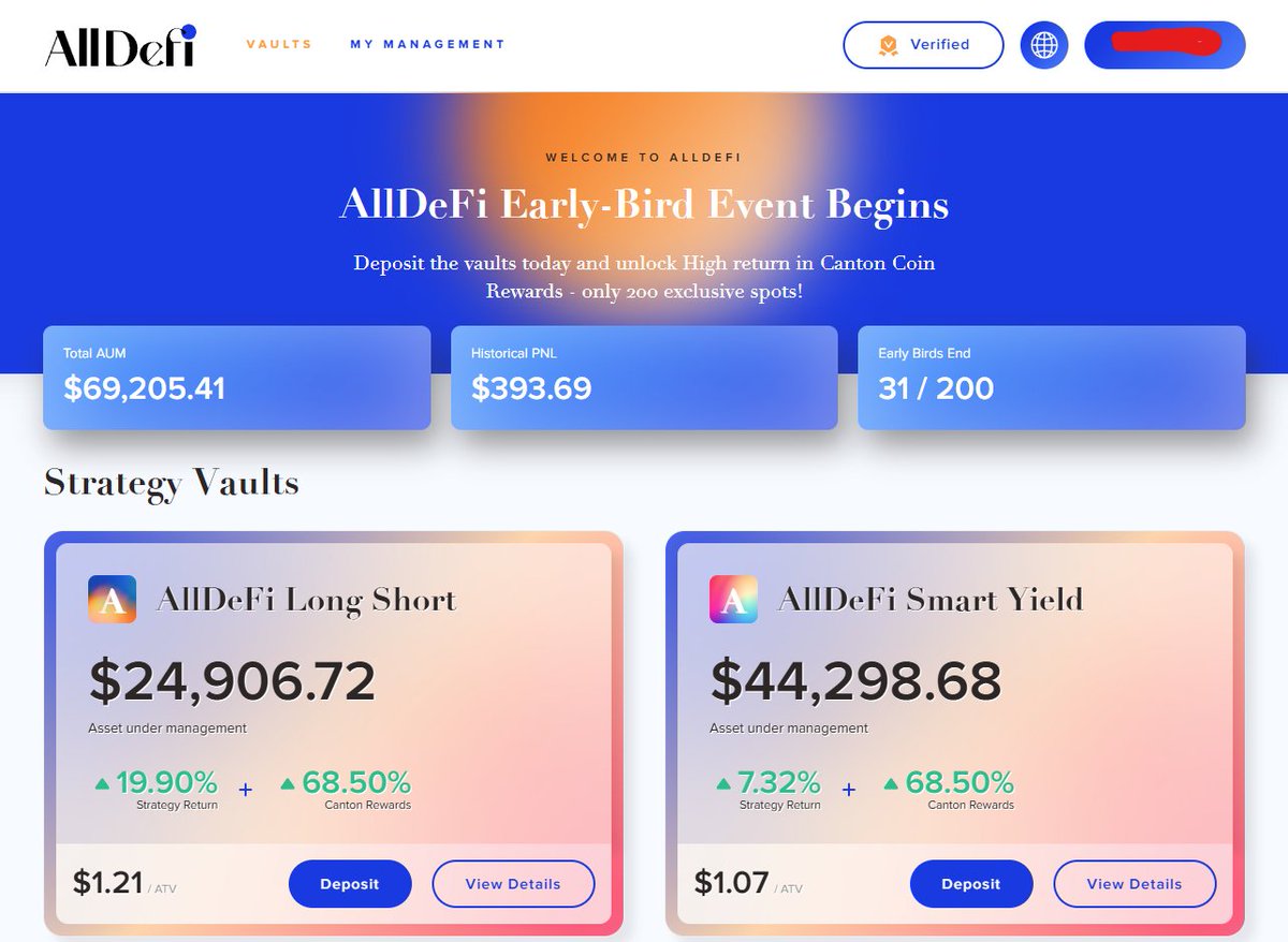 good evening canton army 🌃

the epoch 1 event from <a href="/Alldefi_ai/">AllDefi</a> has started

if your address is on the waitlist, you can make a deposit on the website

link : alldefi.finance

there are 2 options available :

1) long short strategy
19.90% return and 68.49% canton rewards