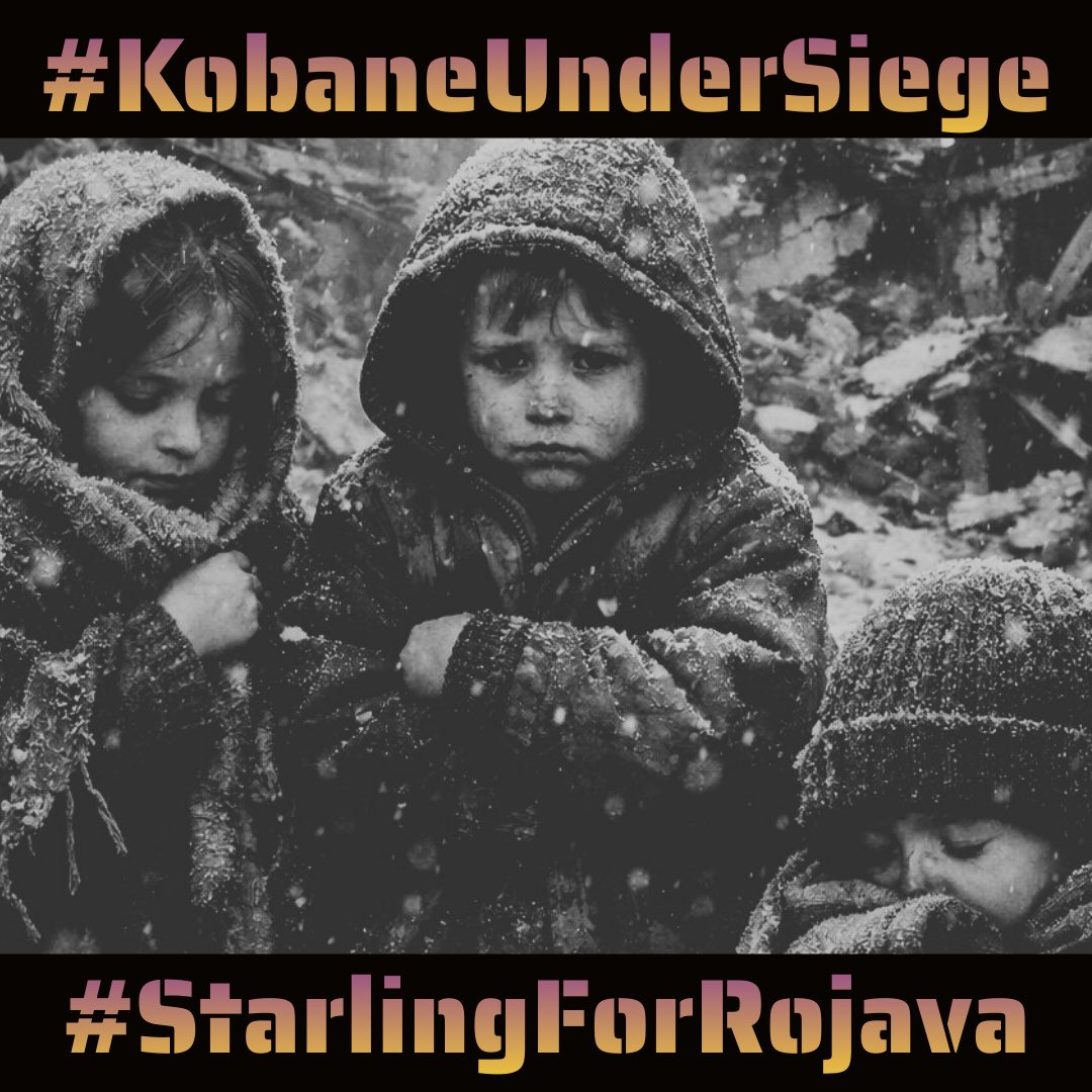 Kuşatma altında olan başta Kobane olmak üzere #Rojava da devam eden saldırılar ve sivil kayıpları devam etmektedir.5 çocuk açlık ve soğuktan dolayı hayatını kaybetti. Elektriklerin kesik olduğu, suların akmadığı insani koşullar yok olmuştur. 
#KobaneUnderSiege 
#StarlinkForRojava