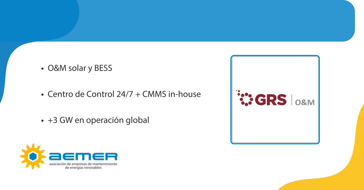 #GRS O&amp;M se suma como nuevo socio de AEMER para reforzar la operación y mantenimiento de plantas solares y sistemas de almacenamiento (BESS). 
Con +20 años de #experiencia y +3 GW en operación, integra Centro de Control 24/7, CMMS in-house y analítica de datos.