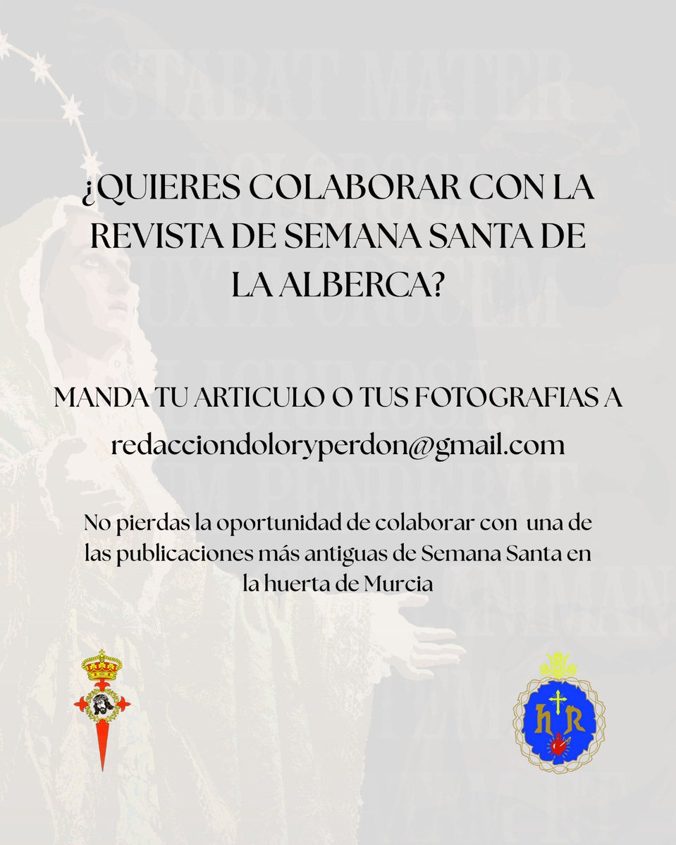 ¿QUIERES PARTICIPAR EN LA REVISTA DE SEMANA DE LA ALBERCA?
SI ES ASÍ, ESTO TE INTERESA ⤵️

#LaAlberca #SemanaSanta #Murcia