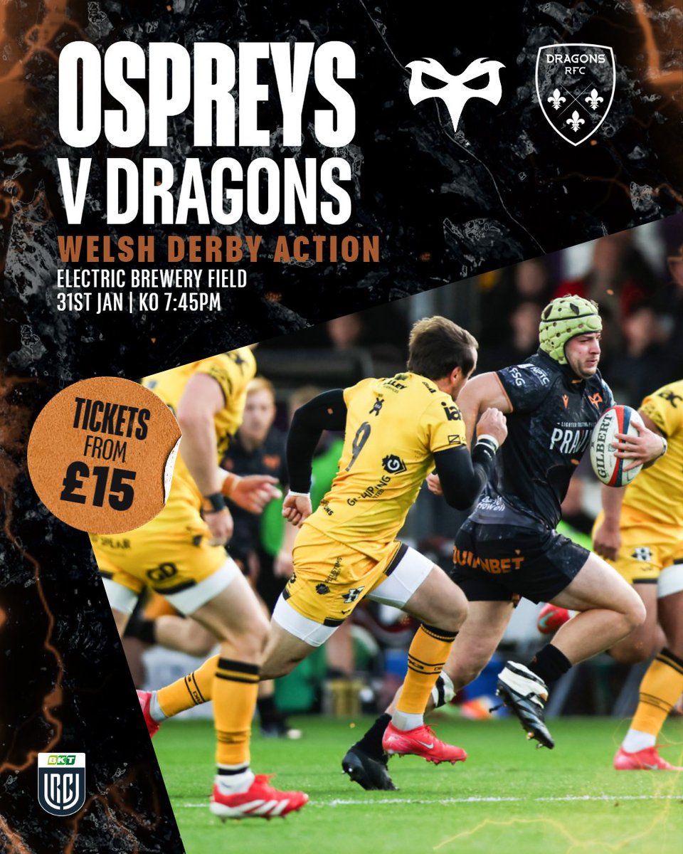 ospreys's tweet photo. ⏭️ Y gêm nesaf gartref ym Mhenybont // The next home game in Bridgend:

🐲 @dragonsrfc, Sat 31st Jan, KO 7:45pm

There's nothing like a Welsh Derby at the Electric Brewery Field ⚡

Get your tickets now: https://t.co/sVutgpy4td 🎟️

#OurBloodIsBlack https://t.co/SBHf6sAlcI