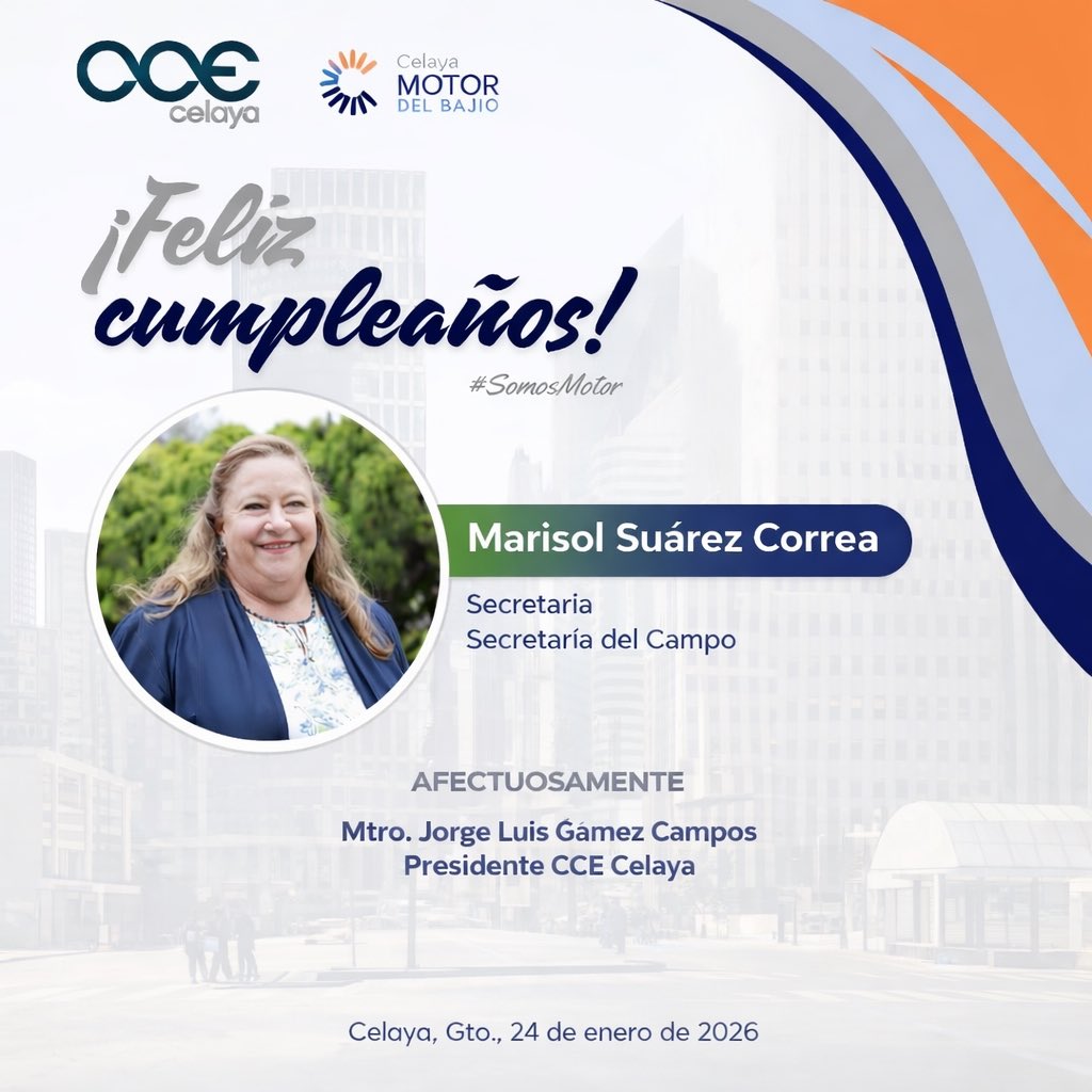 🎉 Felicitamos a nuestra Secretaria del <a href="/campogobgente/">Secretaría del Campo</a>, <a href="/MarisolSuaCorr/">Marisol Suárez</a>, con motivo de su cumpleaños.

Le enviamos un reconocimiento por su compromiso con el desarrollo del campo guanajuatense y nuestros mejores deseos de salud, éxito y nuevos logros en esta importante