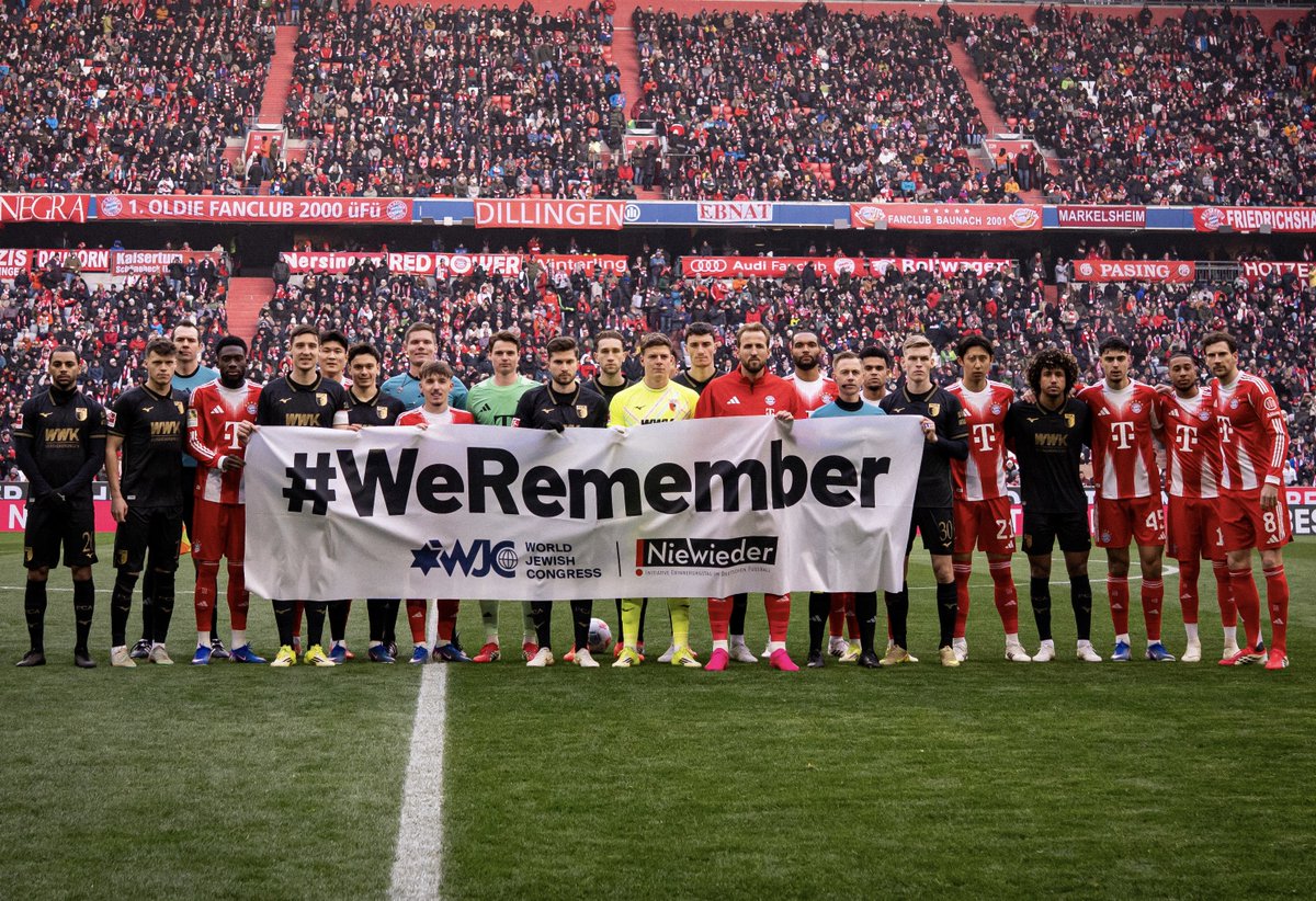 !𝗡𝗶𝗲 𝘄𝗶𝗲𝗱𝗲𝗿! 🤝

German football is devoting today's matchday featuring Bayern and Augsburg at the Allianz Arena to the !Nie wieder! (Never Again) initiative. Every year, this commemorates the atrocities committed during the Nazi dictatorship and raises awareness that