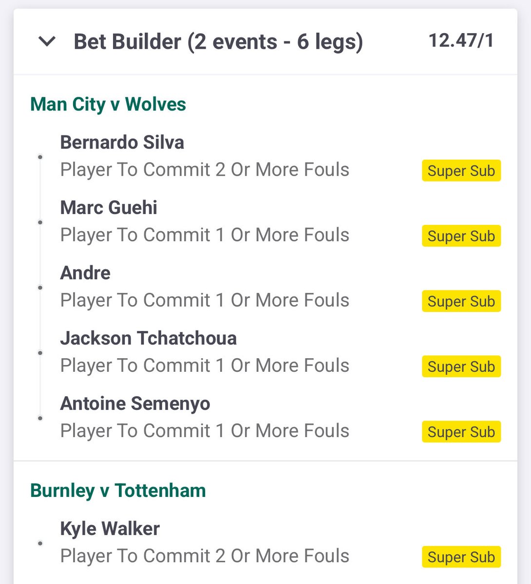 Yellowcardtips's tweet image. 🚨 FOULS BET BUILDER 🚨

⚽ Man City vs Wolves
⚽ Burnley vs Spurs

➡️ 12/1 Fouls Bet Builder 💥

Worth a look 📈 Stake responsibly 💸

#bettingtwitter #gamblingtwitter #footballtwitter
#ukbetting #ukpunters
#premierleague #epl
#foulsbets #betbuilder #footballbets