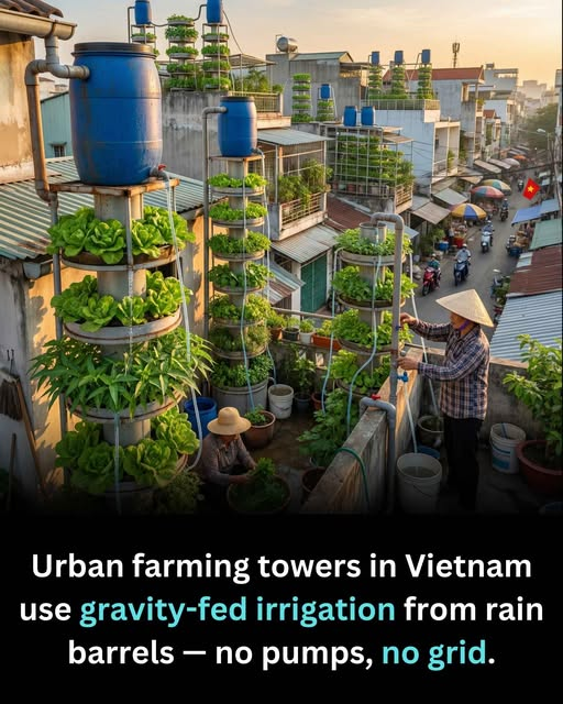 7DayStartups's tweet photo. In Vietnam, vertical, self-sustaining, and quietly efficient urban farming towers now grow upward with the help of gravity and rain.
Rain barrels collect water. Gravity takes care of the rest, feeding plants through a network of small tubes, with no need for pumps, electricity. https://t.co/7FiD8StJrH