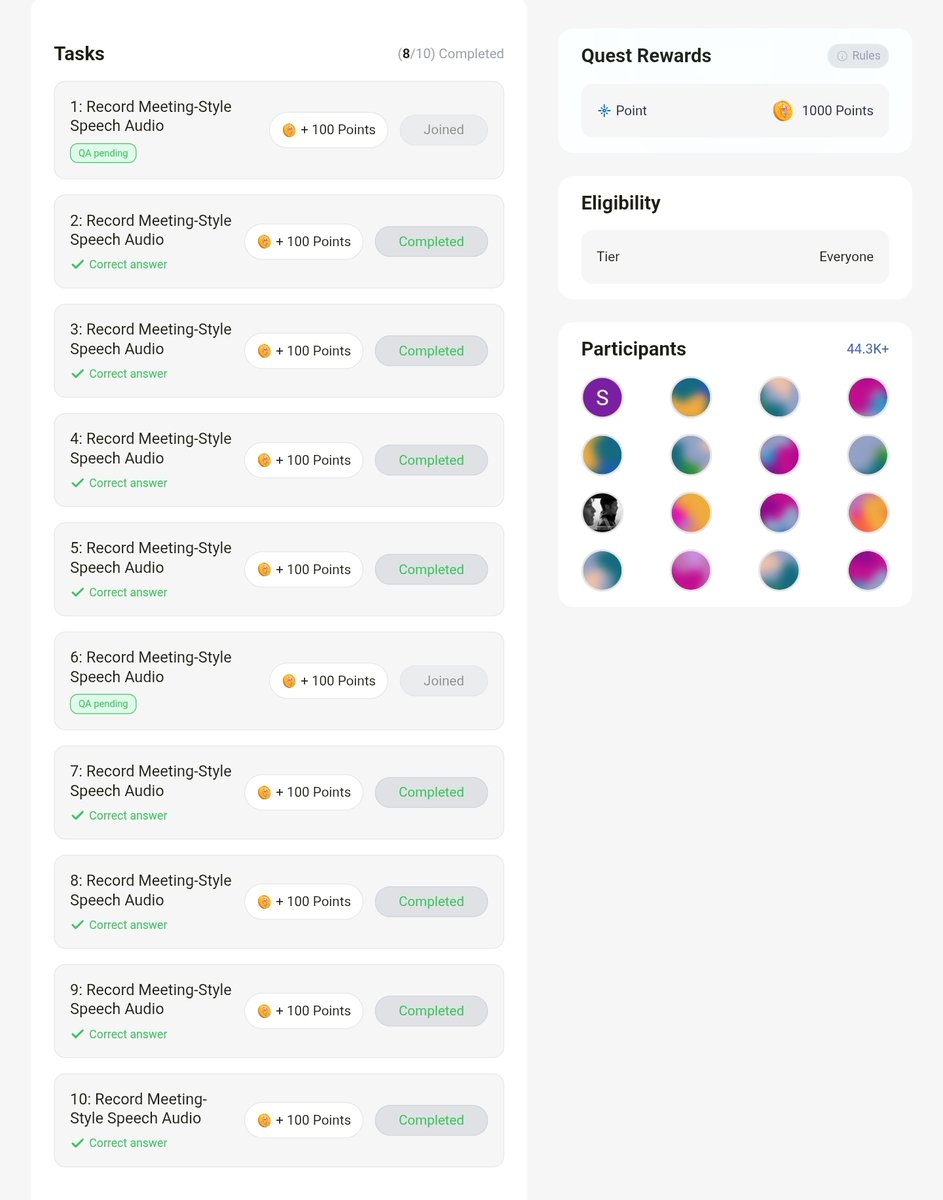 Perle Labs Another 1000 Point Collect | Join The Perle Labs Meeting Caption Quest 🚀🚀🚀

🔸Open Meeting Caption Quest
🔸Start Recording Your Voice From The Script
🔸Submit Your Voice
🔸Approved Metamask
🔸Wait 3-5 Day For Verification
🔸All Done ✅

👉👉 For New User :-