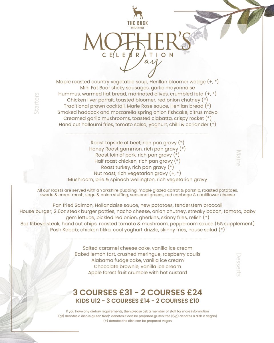 💐 MOTHER'S DAY CELEBRATION 💐

Treat your Mum on Sunday 15th March!

3 courses £31 | 2 courses £24

Kids U12: 3 courses £14 | 2 courses £10 ✨

Traditional roasts, delicious starters &amp; indulgent desserts

BOOK NOW!