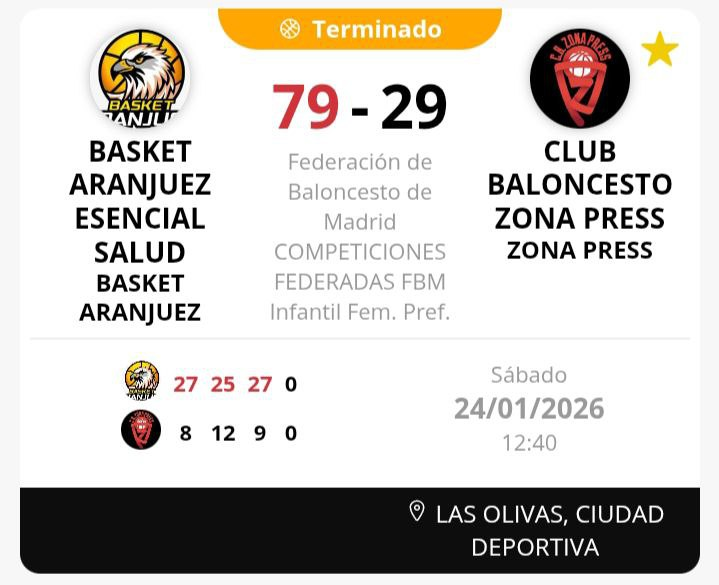 BasketAranjuez's tweet photo. Victoria del #InfFem #EsencialSalud frente a @ZonaCb. #Sergio: "Aún rompiendo el partido en la primera mitad seguimos con ganas de más" https://t.co/YrjAlyHF66