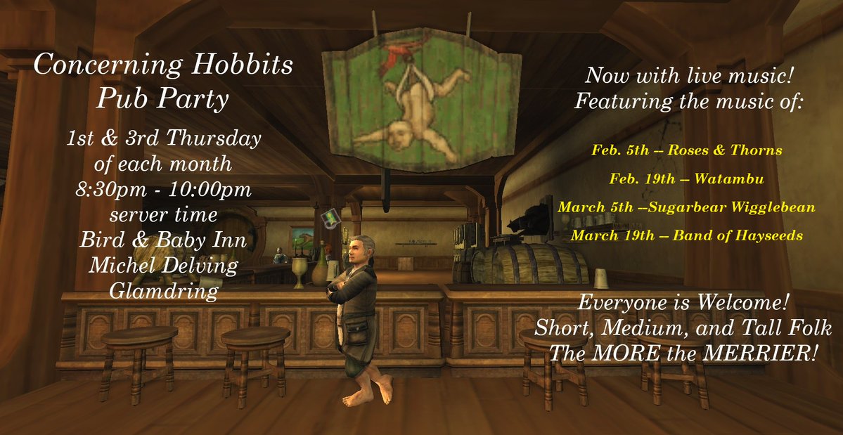 The Hayseeds have been invited to play at the Concerning Hobbits Pub Party on March 19th.  The show starts at 8:30pm.  This will be a 90 minute performance and the show will be at The Bird &amp; Baby Inn in Michel Delving on Glamdring.  Hope to see y'all there.  <a href="/lotro/">LOTRO</a> <a href="/lotrofamily/">LOTRO Family</a>