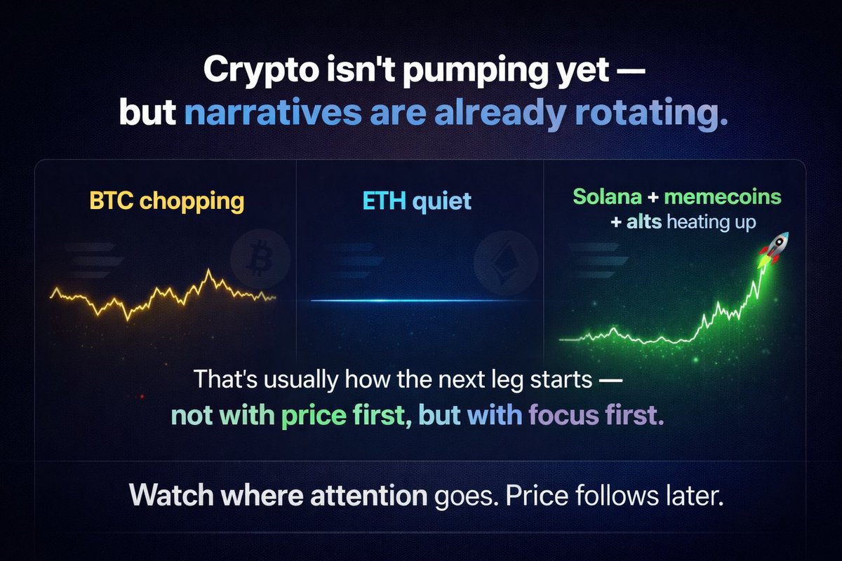 Solvyron's tweet photo. Crypto isn’t pumping yet —
but narratives are already rotating.

BTC chopping.
ETH quiet.
Meanwhile Solana + memecoins + alt narratives are stealing attention again.

That’s usually how the next leg starts —
not with price first, but with focus first.

Watch where attention goes.
Price follows later.