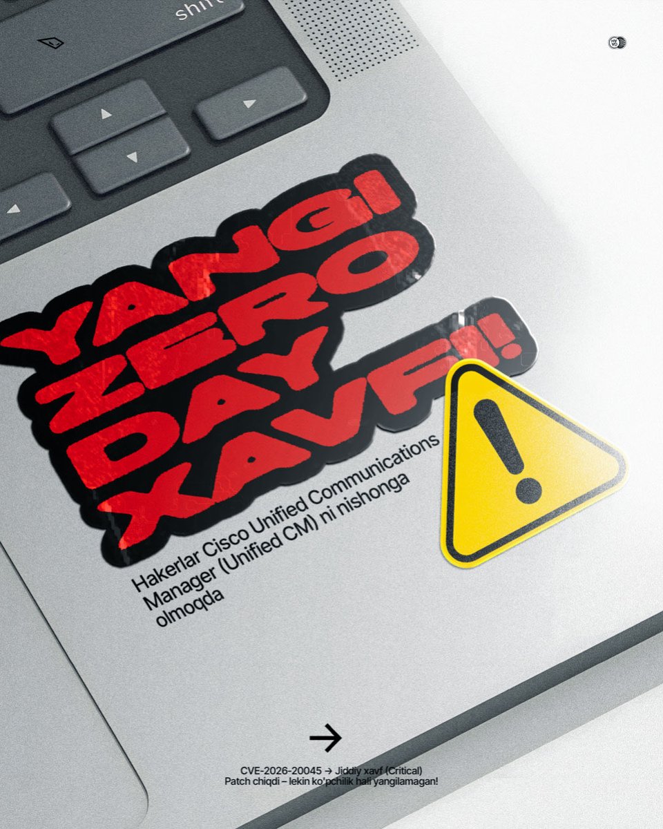 haad_uz's tweet photo. ⚠️ HAKERLAR CISCO UNIFIED CMdagi YANGI ZERO-DAYni NISHONGA OLDI! CVE-2026-20045  

Unauthenticated RCE zaifligi yovvoyi tabiatda faol ishlatilmoqda. Hujumchi hech qanday tasdiqlovsiz root huquqiga ega bo'lib, tizimni to'liq nazorat qilishi mumkin. https://t.co/BMTD258U9x