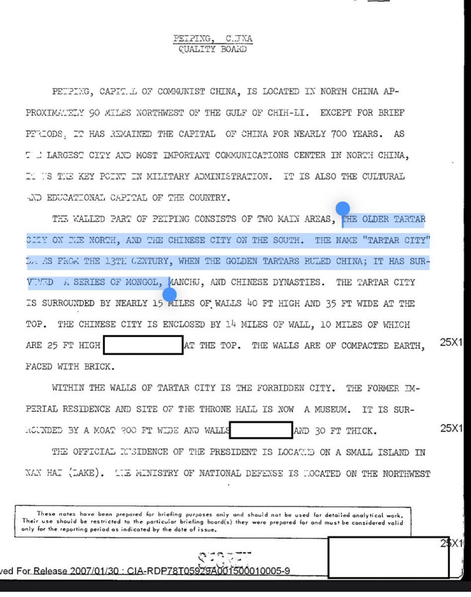 CIA declassified document claiming one of the older names for the capital in China (the Forbidden City) is “Tartar City” 🧐 

cia.gov/readingroom/do…
