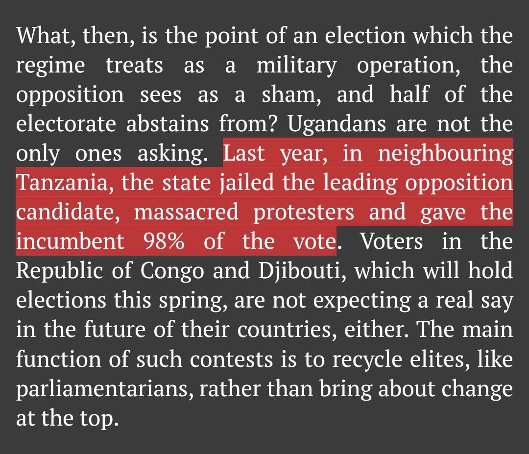 Going to be very hard for Tanzania to clean up the stench. Now we get mentioned every time an African country kills its own people in an election.

-Highlight from The Economist.