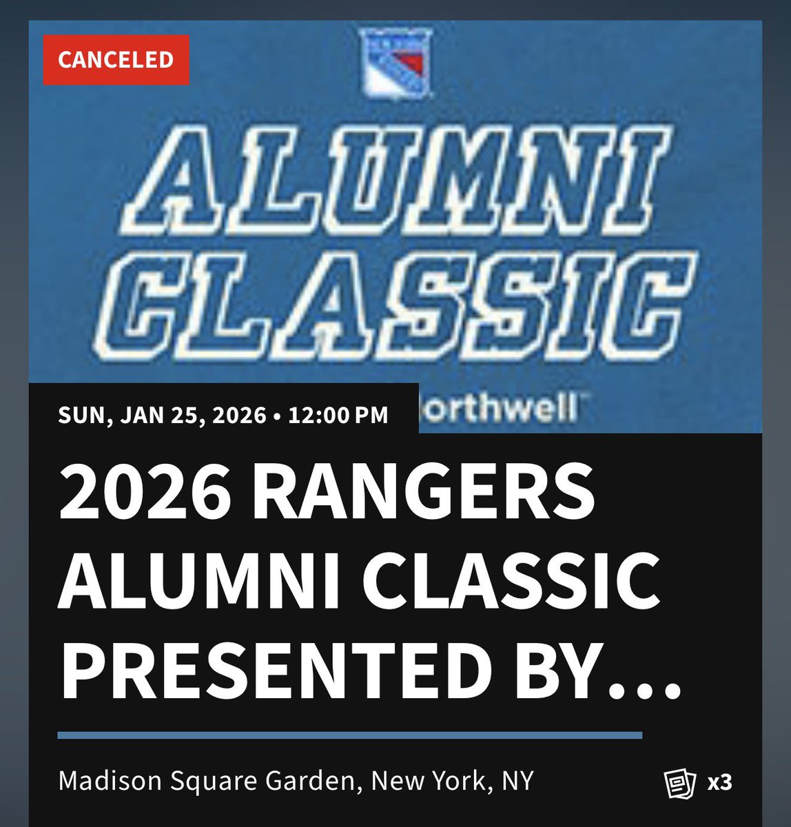 BlueTruthSB's tweet photo. If the Ticketmaster app is correct, the Alumni Classic on Sunday has been at least postponed. No confirmation from the Rangers as of yet. #NYR https://t.co/KrpMqR0G32
