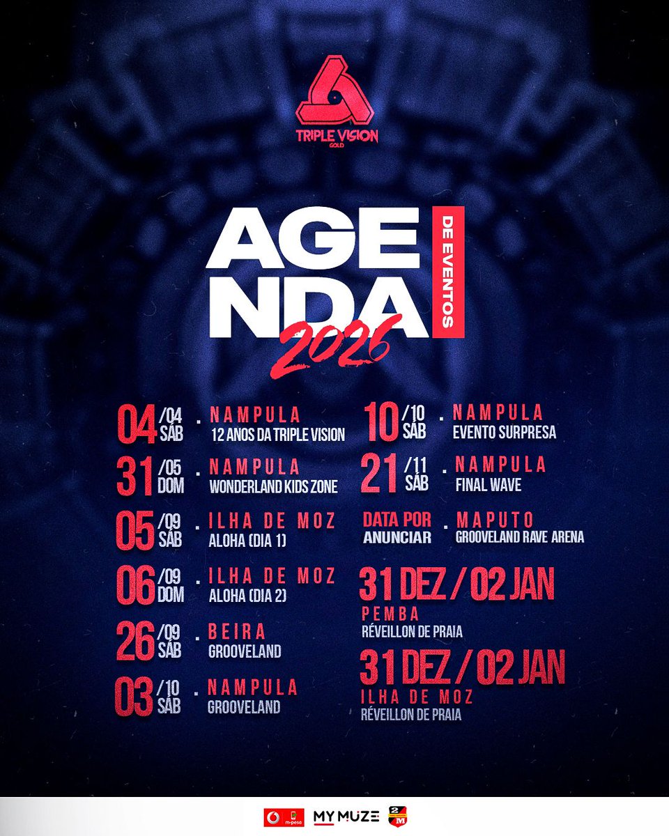 squad_zoom's tweet photo. *AGENDA ANUAL 2026 – TRIPLE VISION*
2026 será um ano de grandes experiências, emoções únicas e eventos inesquecíveis.
De norte a sul do país, a Triple Vision apresenta um calendário repleto de energia, inovação e momentos que ficam na história.

🎶 Festas icónicas https://t.co/t0QwrJpDDt