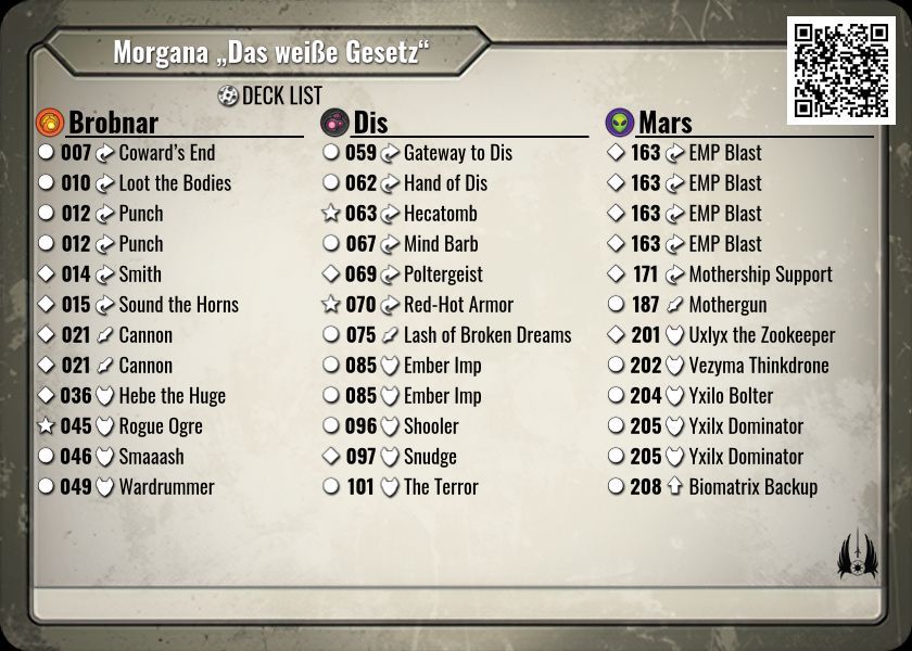 A deck with 4 copies of EMP Blast has been found!
                
Morgana „Das weiße Gesetz“

keyforgegame.com/deck-details/f…

#keyforge #collectorworm